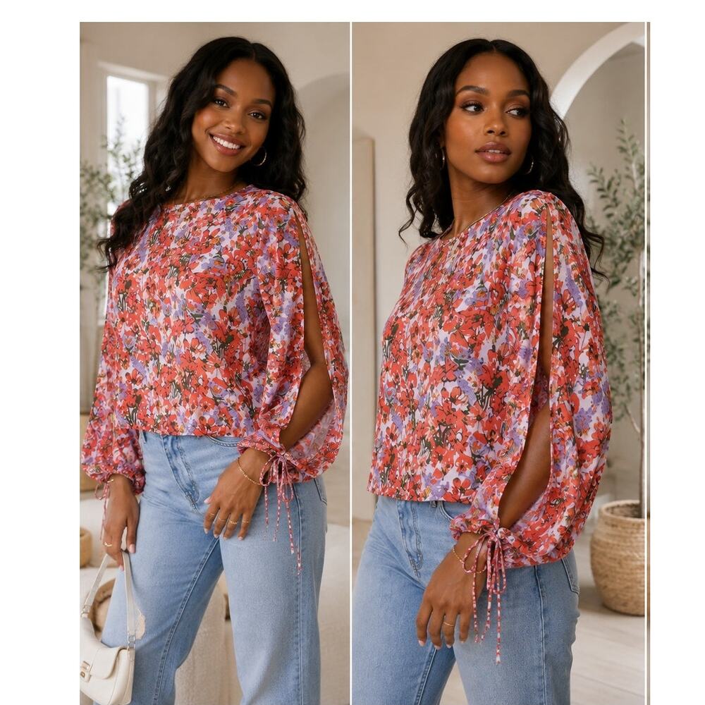 MISSGUIDED Floral Split Sleeve Blouse Size 4 Purple Balloon Sleeve Crop Top NWT
